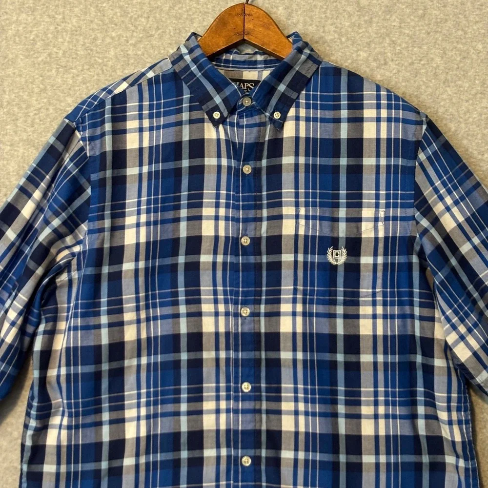Chaps Mens Large‎ Button Down Shirt Long Sleeve Blue White Plaid Easy Care Twill